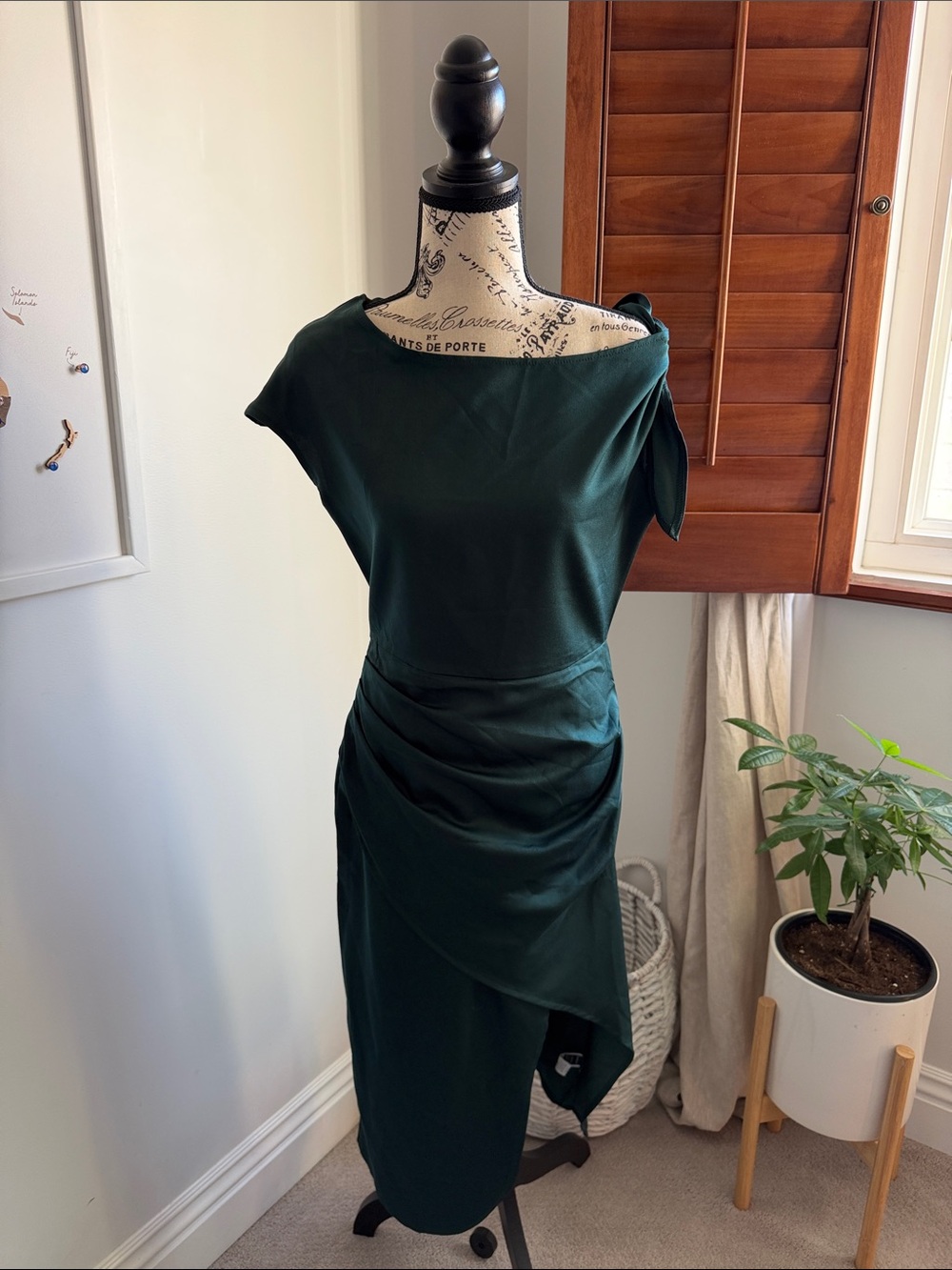 SHEIN Dark Green One-Shoulder Draped Midi Dress